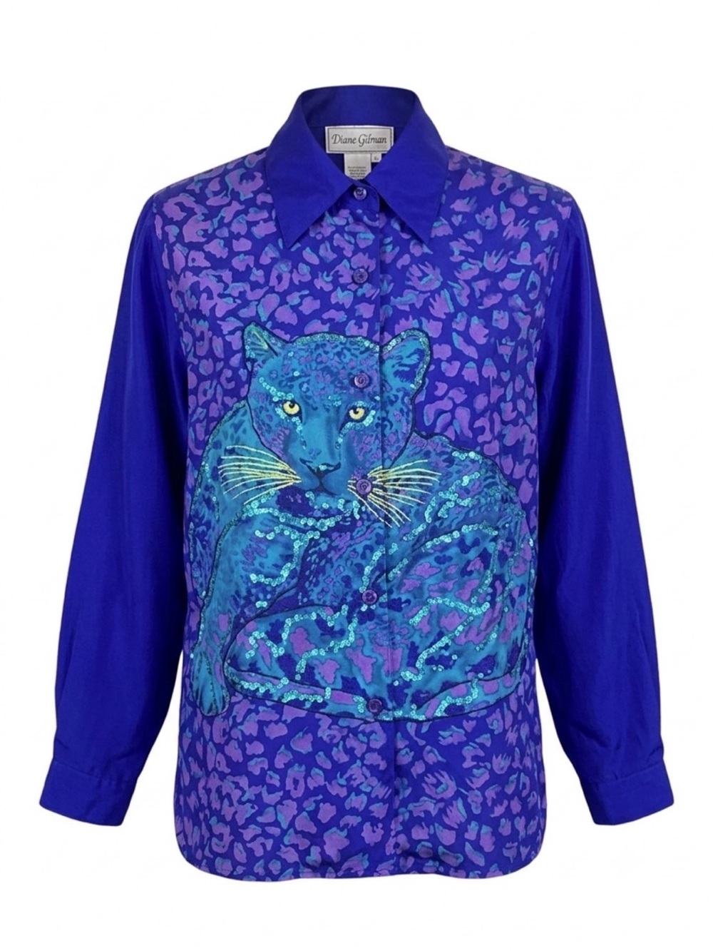 Diane Gilman Vintage Blue Silk Leopard Sequin Animal Print Blouse Size Small